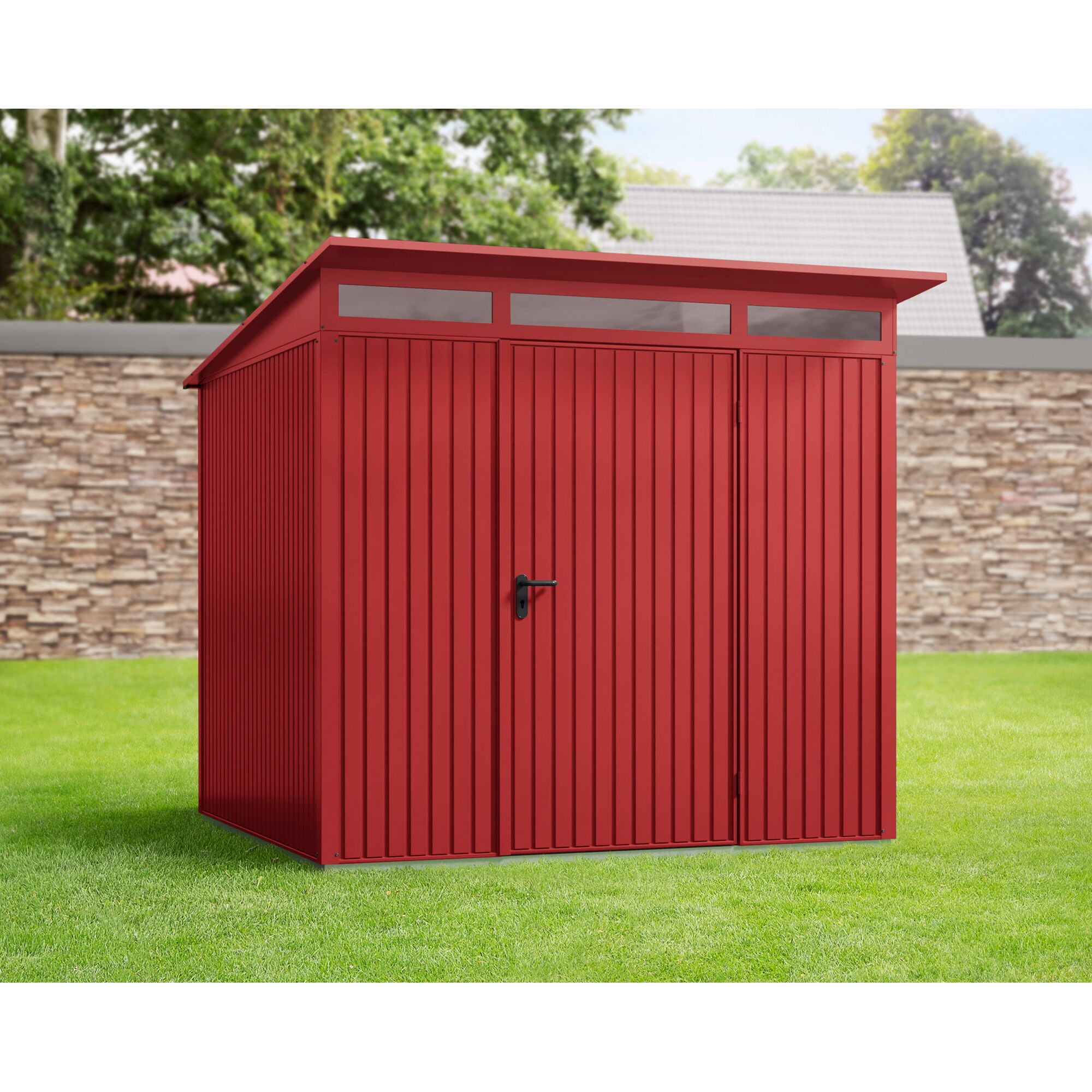 Rotes Gerätehaus Ecostar im Garten