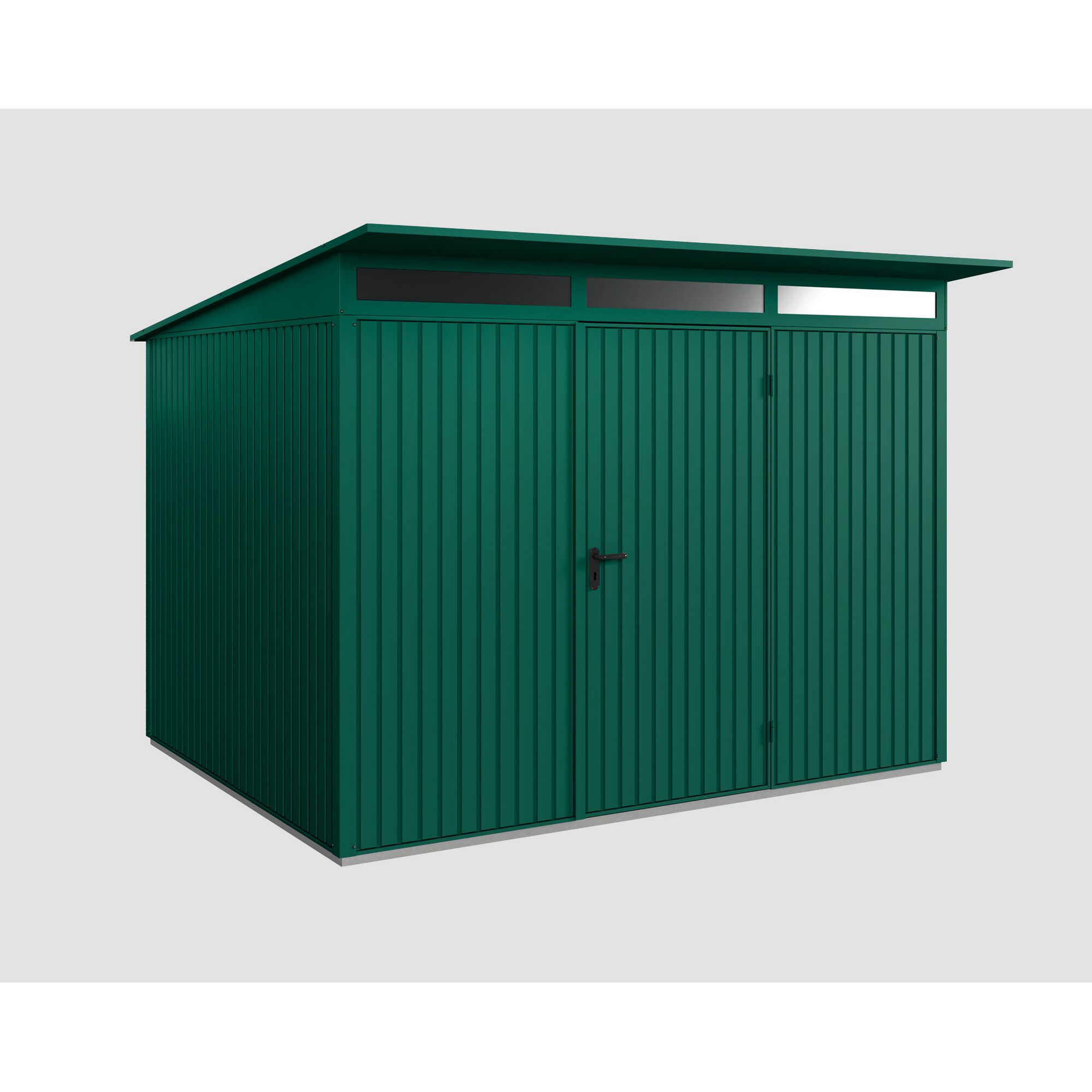 Grünes Gerätehaus aus Metall mit Doppeltür und Oberlicht.