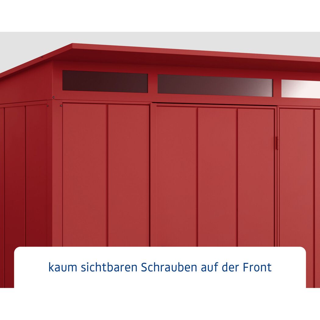 rotes Gerätehaus mit zwei Fenstern über den Türen