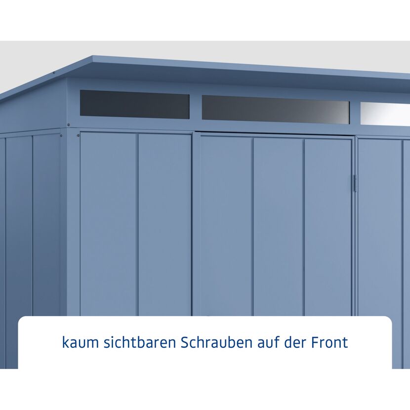 Blaues Gerätehaus Ecostar GH mit kaum sichtbaren Schrauben