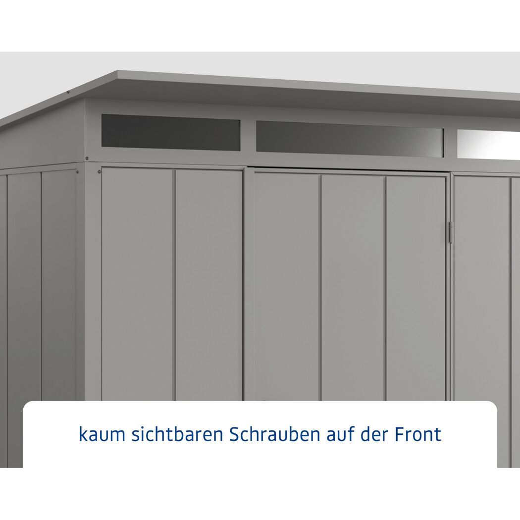 Graues Gerätehaus Ecostar GH mit kaum sichtbaren Schrauben