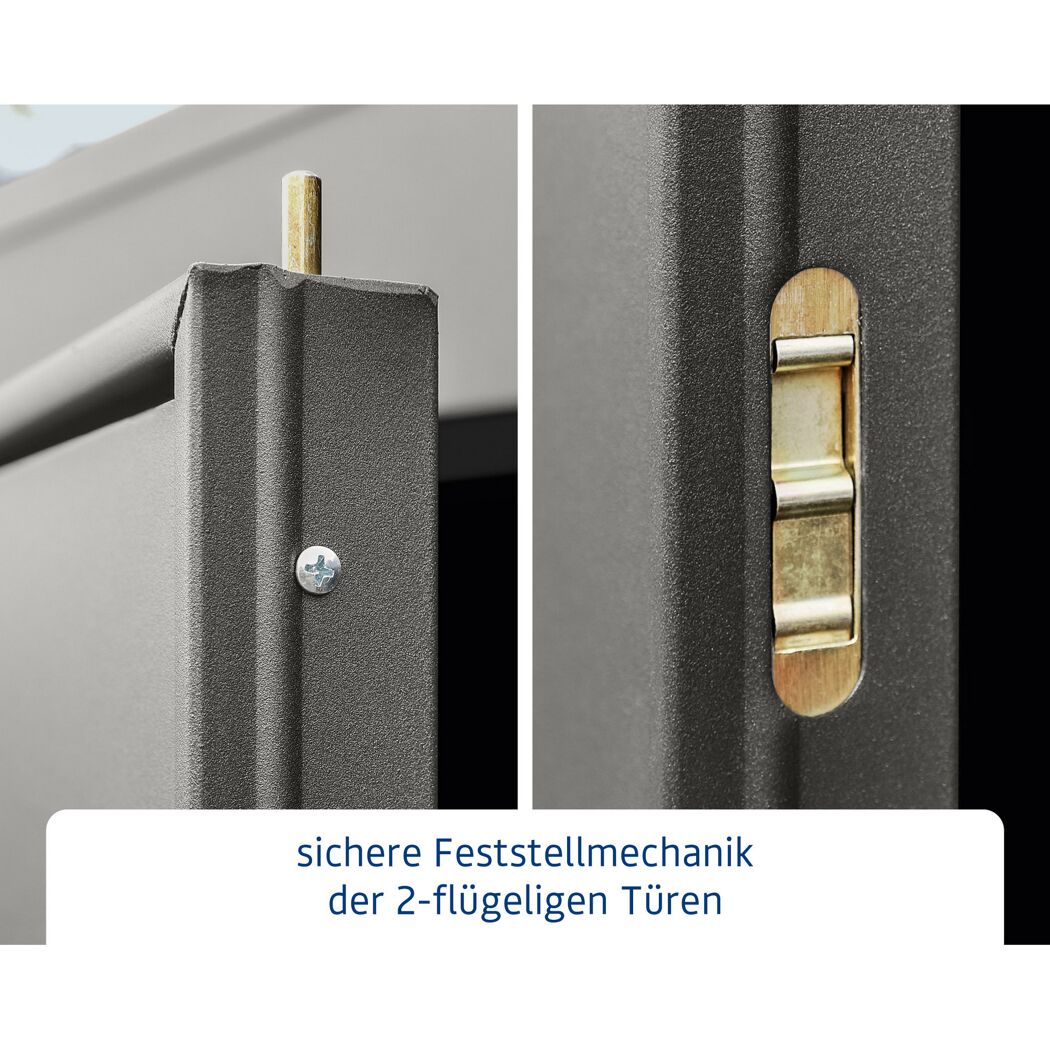 Sicherheitsriegel an der Doppeltür des Geräteschranks