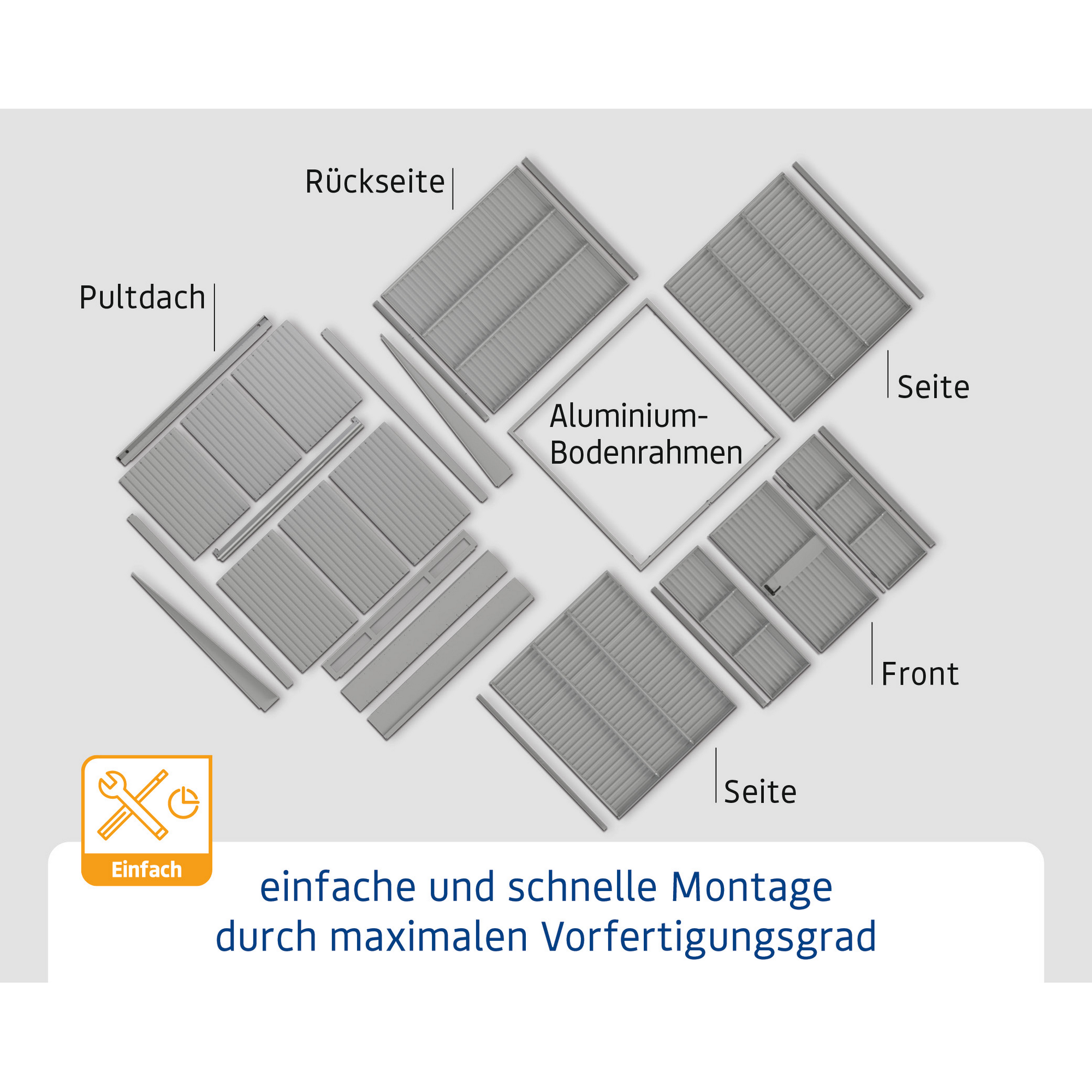 Einzelteile eines Geräteschuppens zur Montage