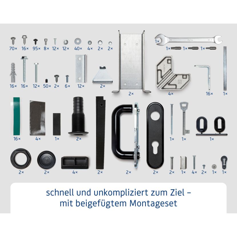 Einzelteile eines Montage-Sets für eine Tür.