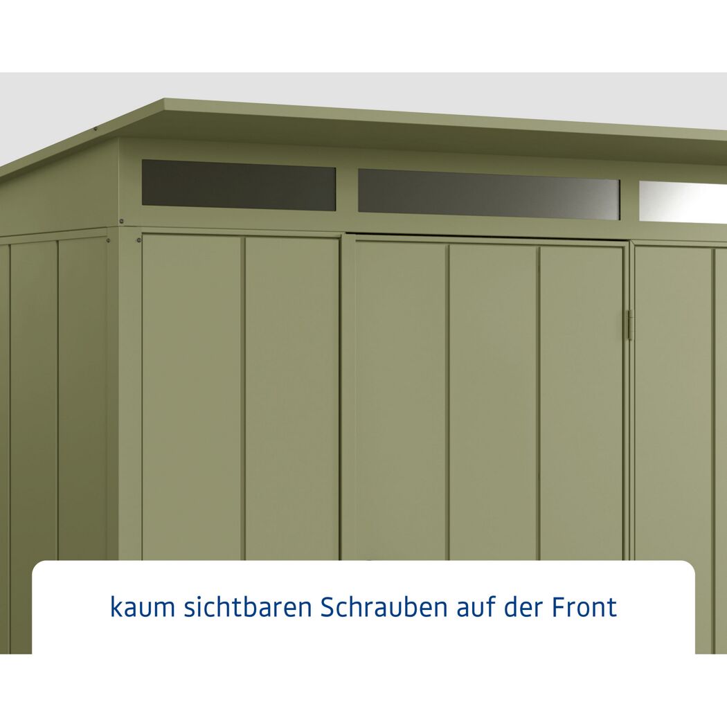 Grünes Gartenhaus Ecostar GH mit kaum sichtbaren Schrauben