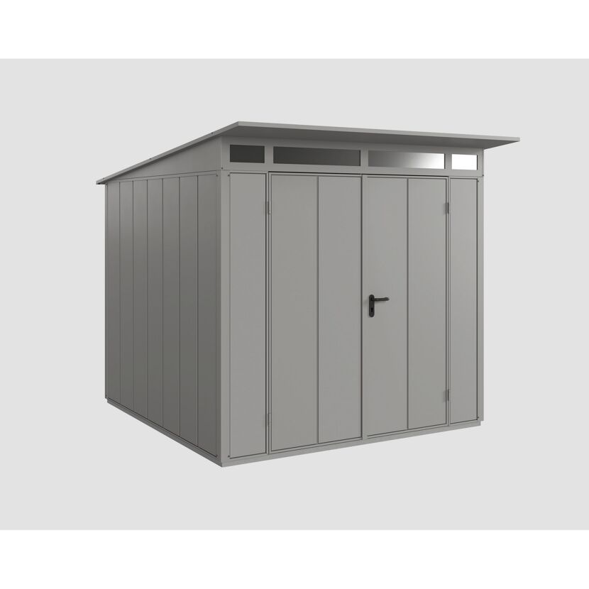 Graues Gerätehaus Ecostar GH, anthrazitgrau mit Doppeltür und Oberlicht.
