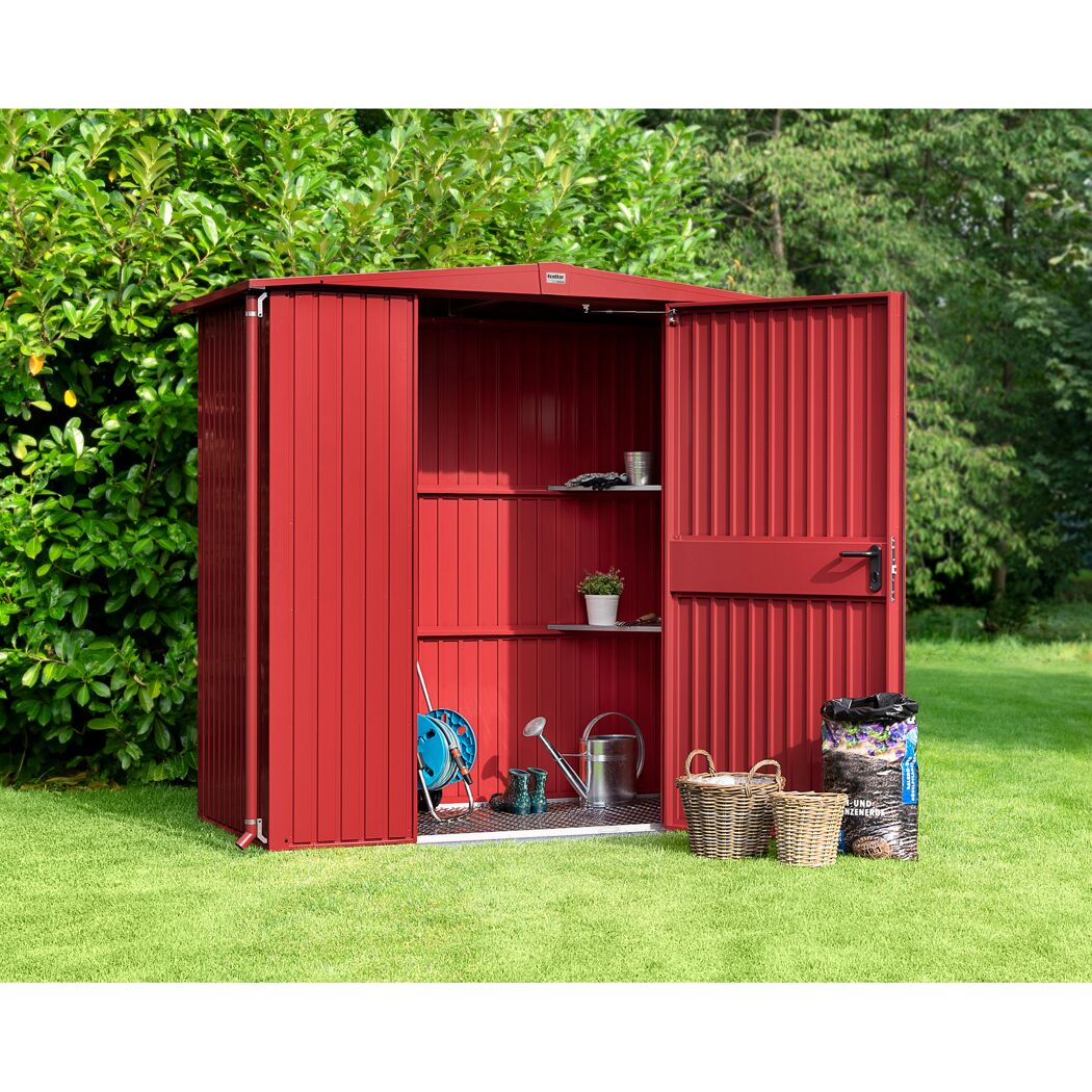 Geräteschrank Ecostar, purpurrot, geöffnet.
