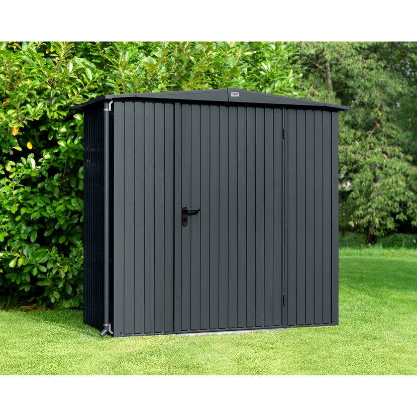 Anthrazitfarbenes Gerätehaus Ecostar im Garten