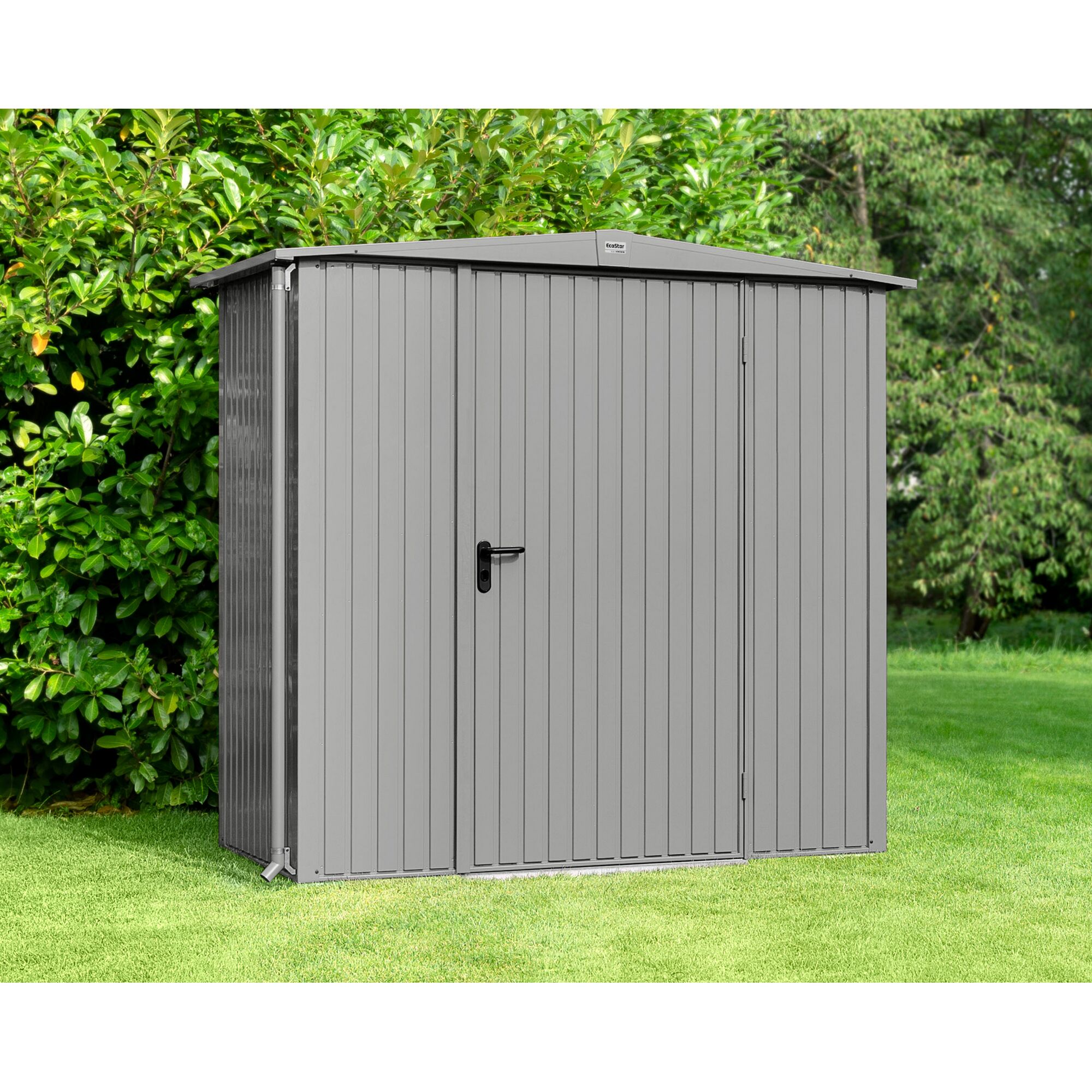 Graues Metall-Geräteschuppen Ecostar im Garten