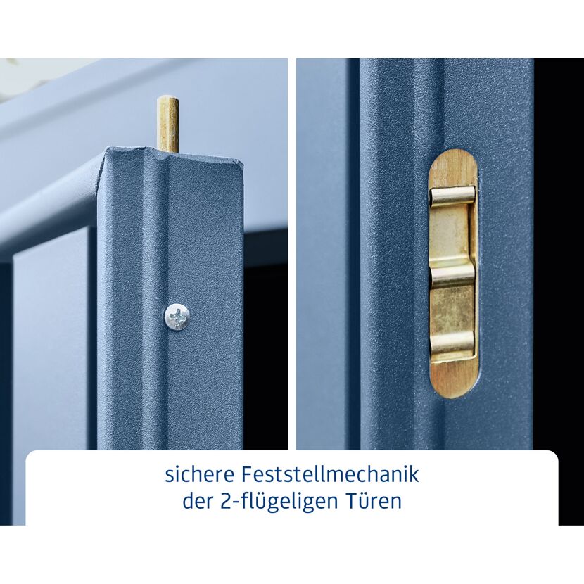 Sichere Feststellmechanik der zweiflügeligen Türen