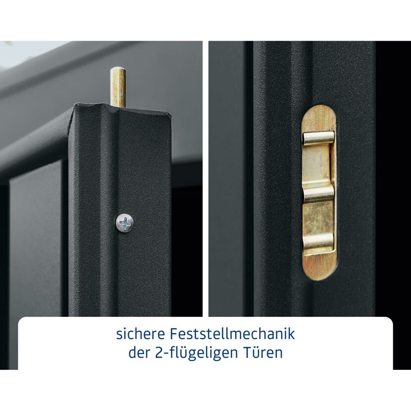 Nahaufnahme der sicheren Feststellmechanik der zweiflügeligen Türen