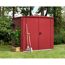 Rotes Gerätehaus Ecostar mit Rankgitter und Gartengeräten