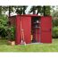 Rotes Gerätehaus Ecostar mit Rankgitter und Gartengeräten