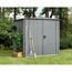 Graues Gerätehaus Ecostar mit Rankgitter und Gartengeräten