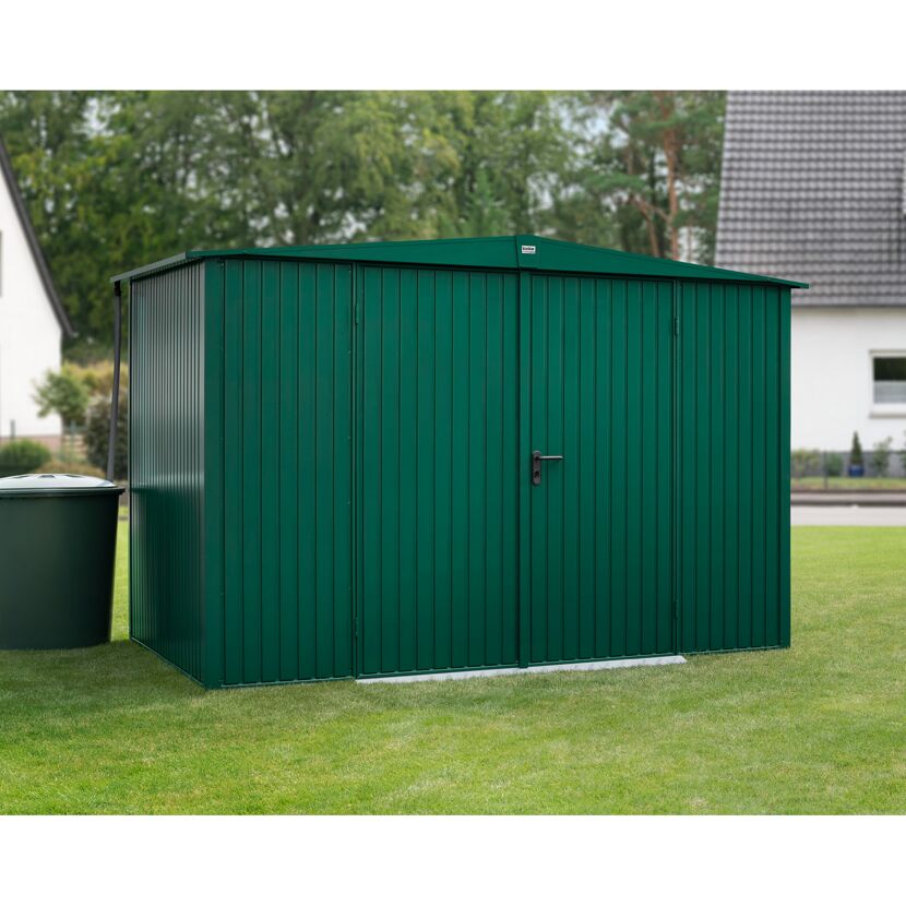 Grünes Metall-Gerätehaus Ecostar im Garten