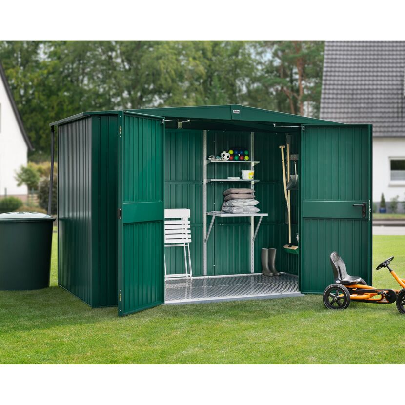 Gerätehaus Ecostar, moosgrün, geöffnet