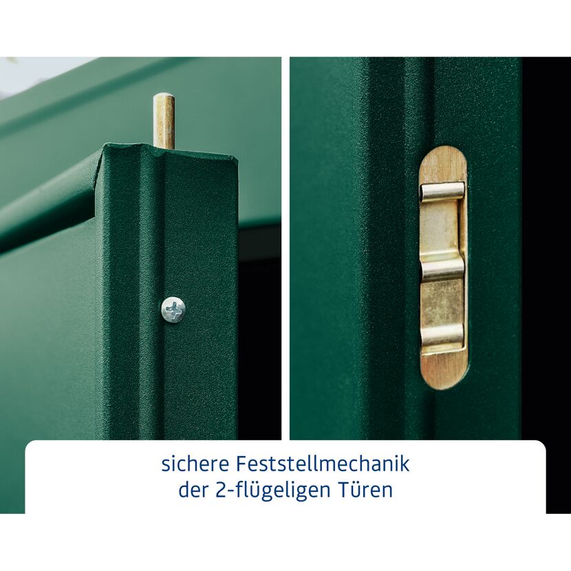 Sicherheitsriegel an der Doppeltür eines Geräteschuppens