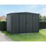 Anthrazitfarbenes Gerätehaus Ecostar im Garten