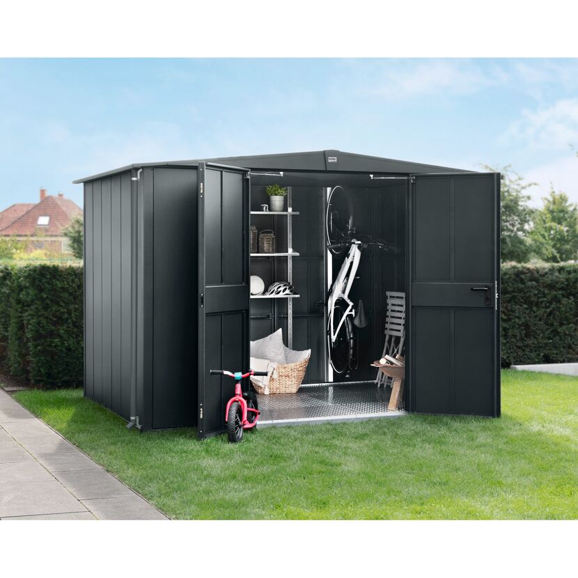 Gerätehaus Ecostar im Garten mit Fahrrad und Kinderfahrrad