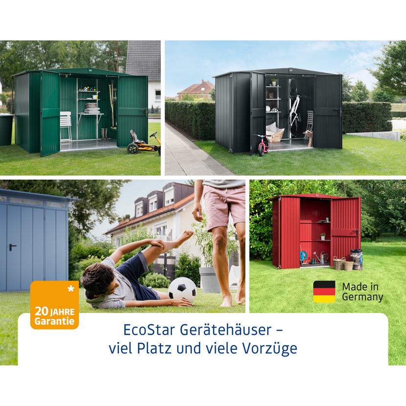 EcoStar Gerätehäuser in grün, anthrazit und rot