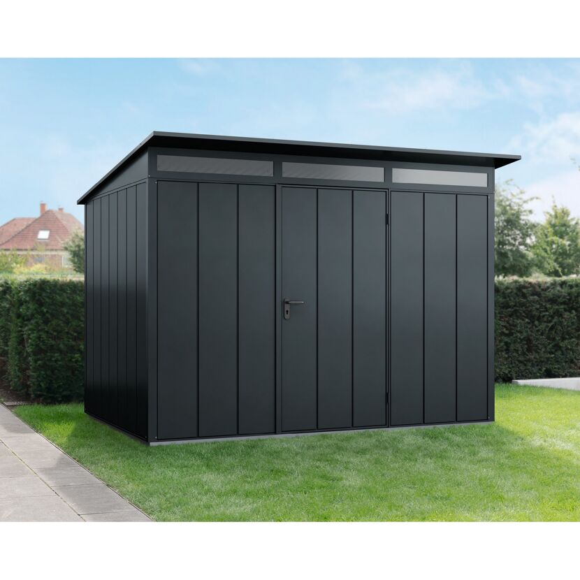 Anthrazitfarbenes Gartenhaus Ecostar GH auf grünem Rasen.