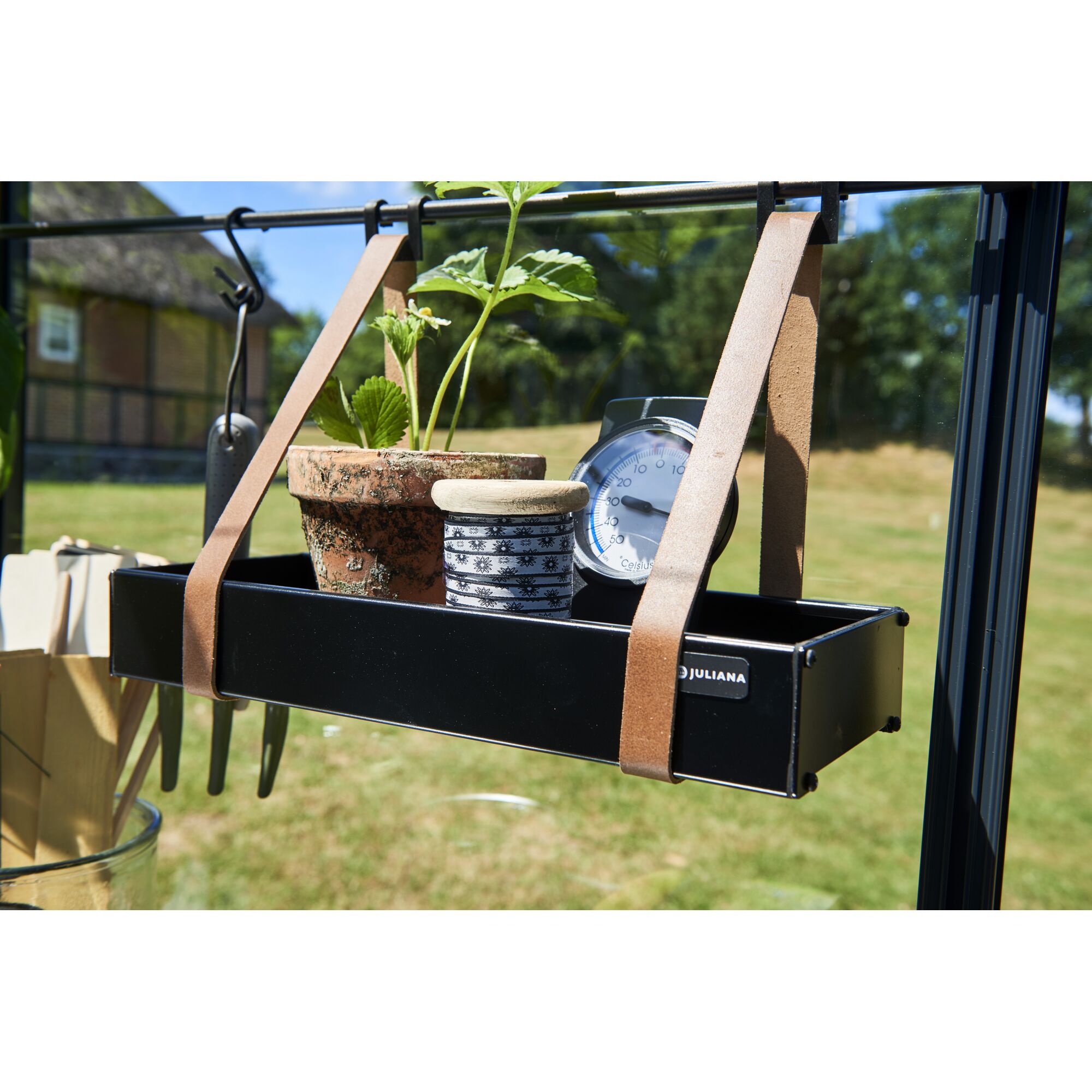 Schwarzes Juliana Alu-Regal mit Topfpflanze und Thermometer