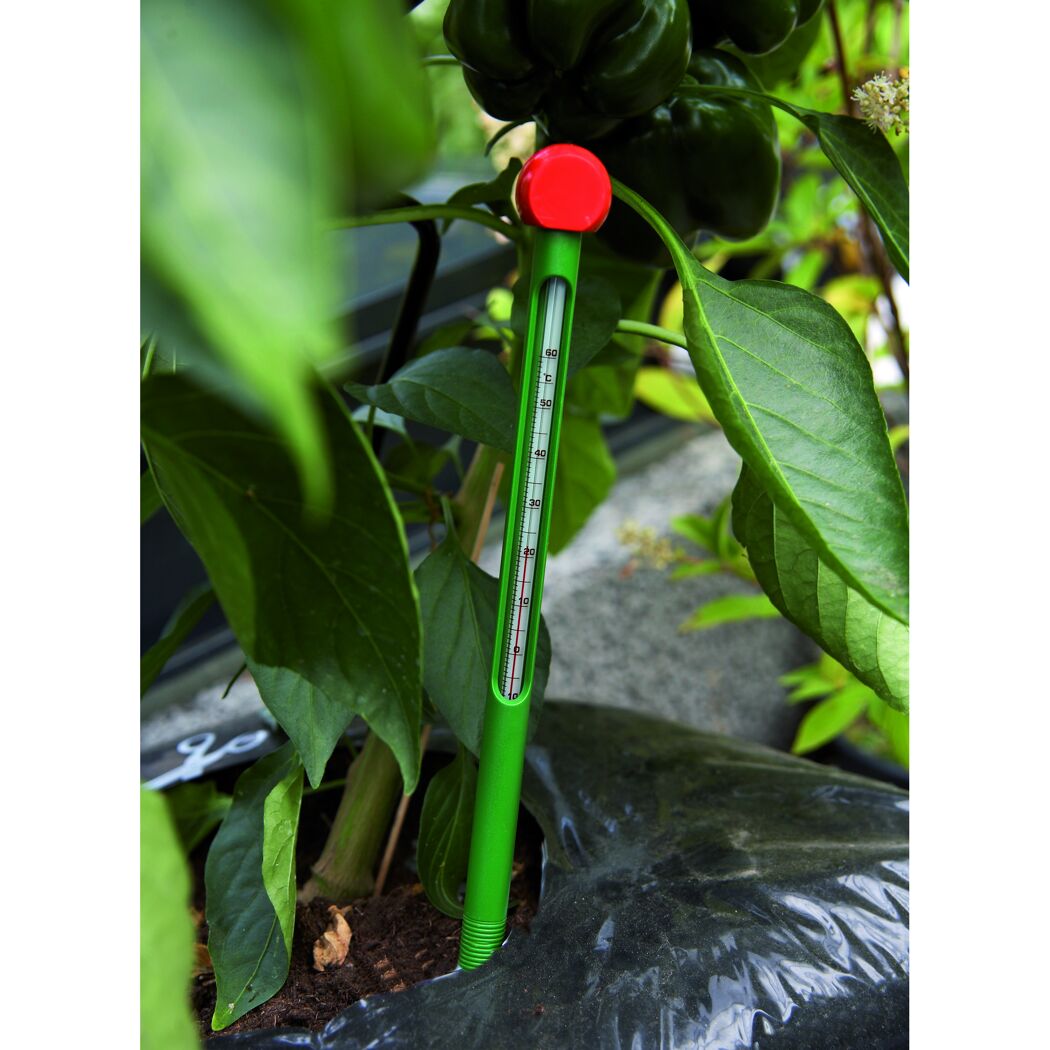 Grünes Erdbodenthermometer im Blumentopf