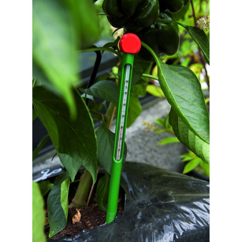 Grünes Erdbodenthermometer im Blumentopf