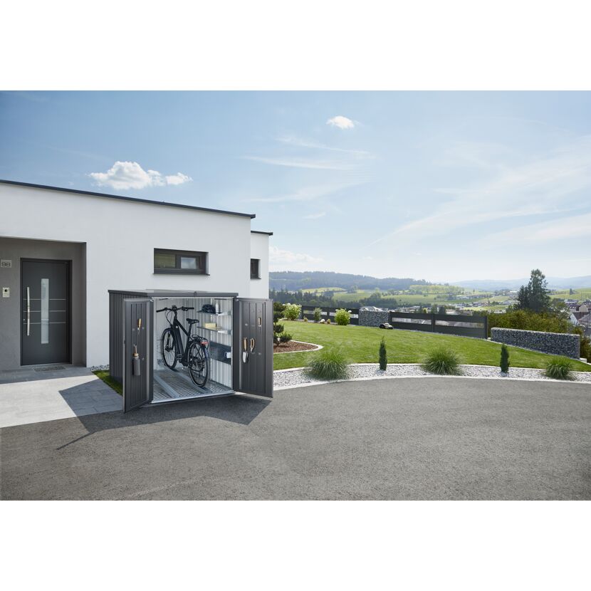Mini-Garage in Dunkelgrau mit Fahrrad