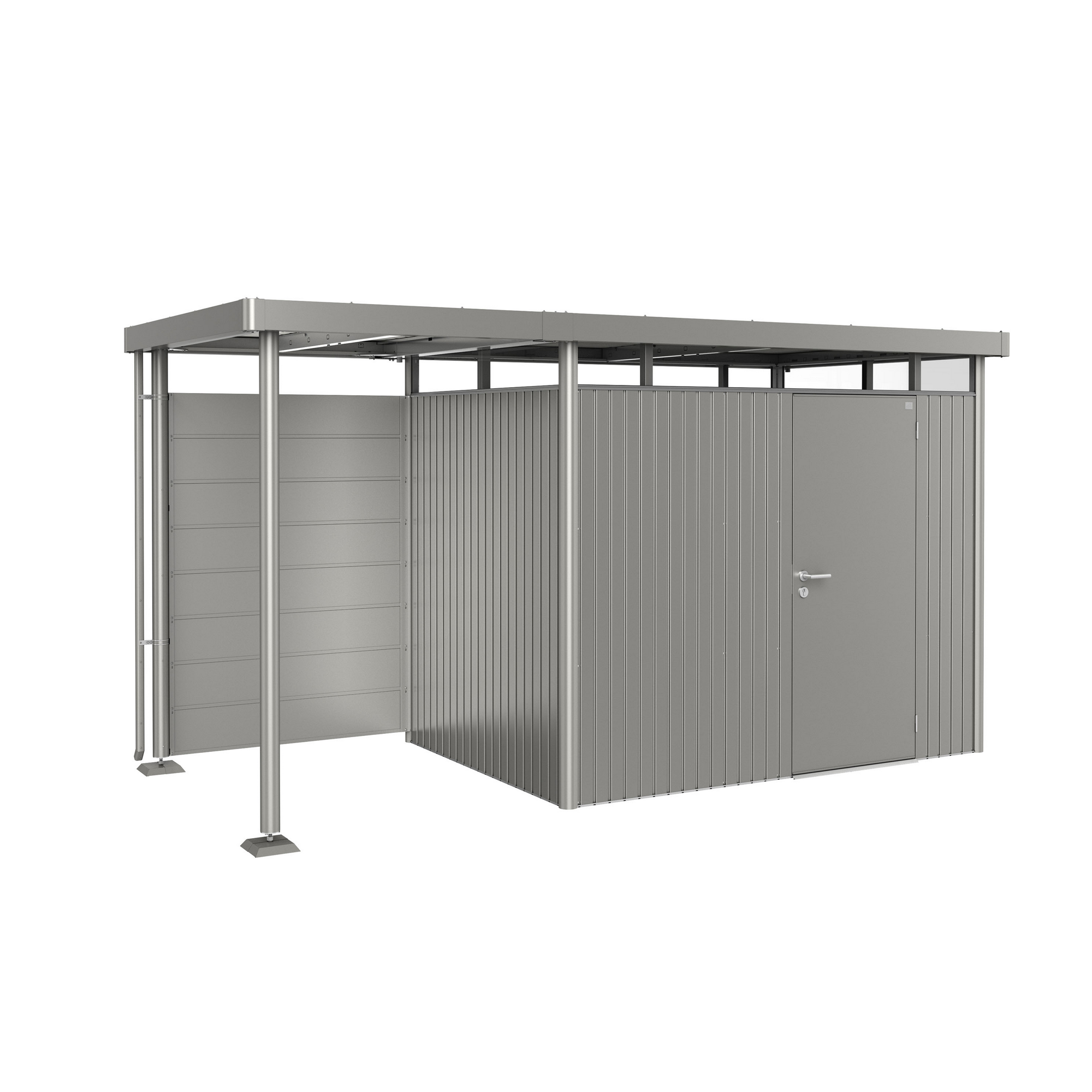 Gerätehaus aus Metall mit Vordach und Tür