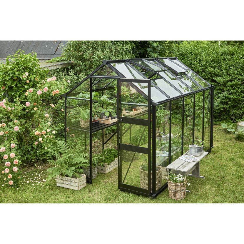 Gewächshaus mit geöffneter Tür im Garten