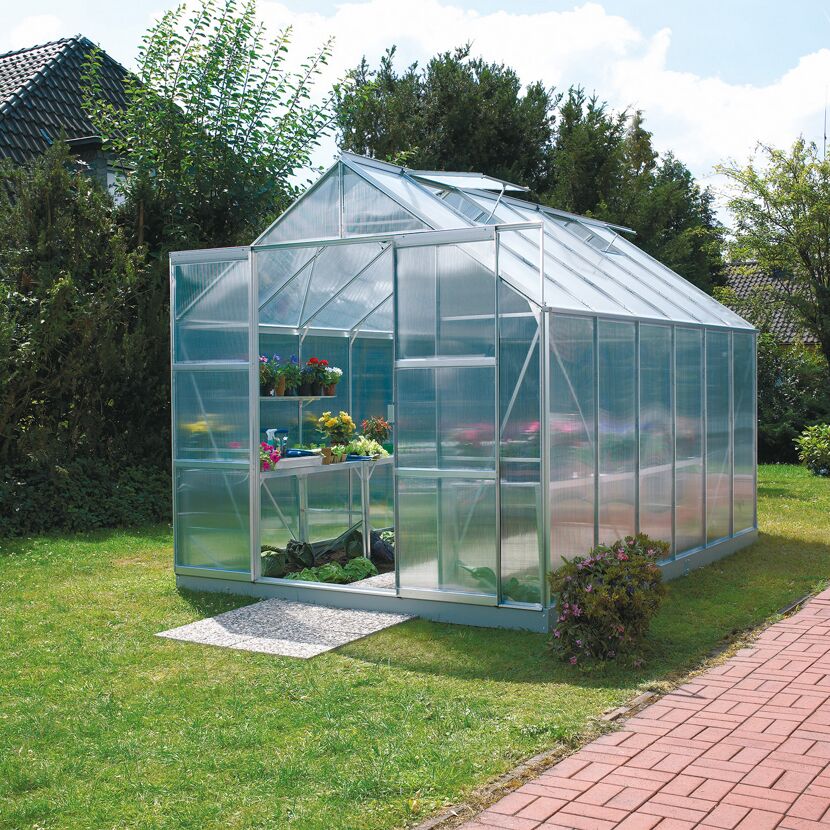 Gewächshaus mit geöffneter Tür und Blumen