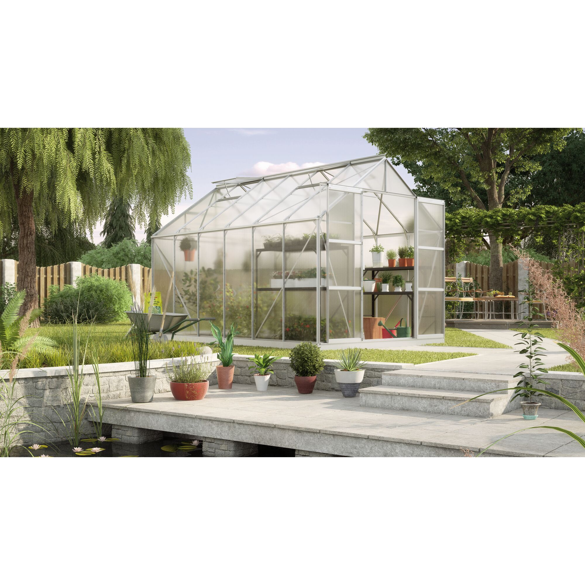 Gewächshaus im Garten am Teich