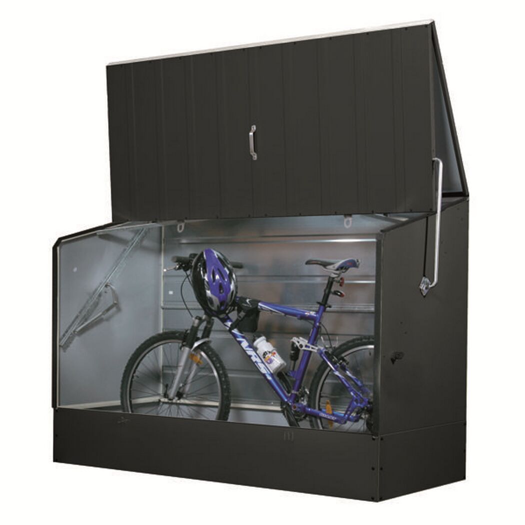 Fahrradbox mit geöffnetem Deckel und Fahrrad darin