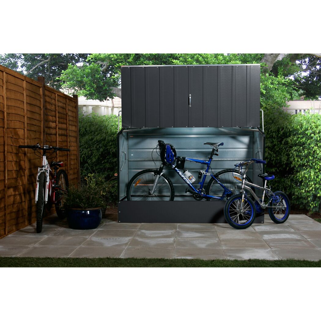 Anthrazitfarbene Fahrradbox mit zwei Fahrrädern