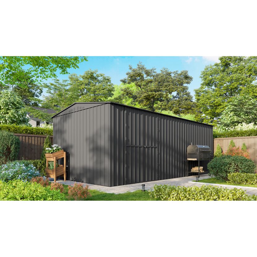 Anthrazitfarbenes Metallgerätehaus im Garten