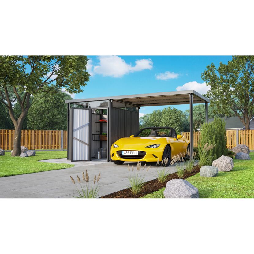 Gelbes Auto unter Carport mit Geräteschuppen