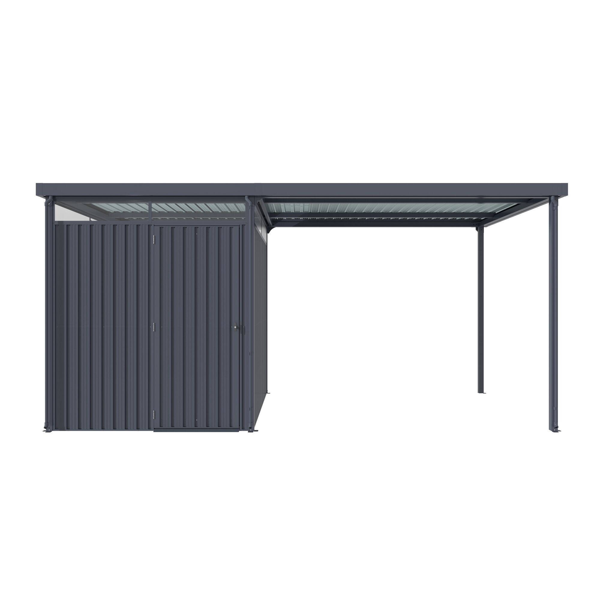 Grauer Metall-Carport mit Abstellraum.