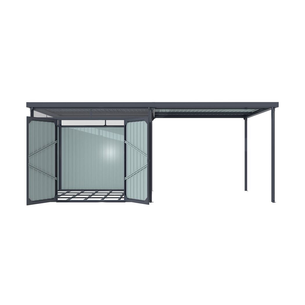 Metallcarport mit Flachdach und geöffneten Türen