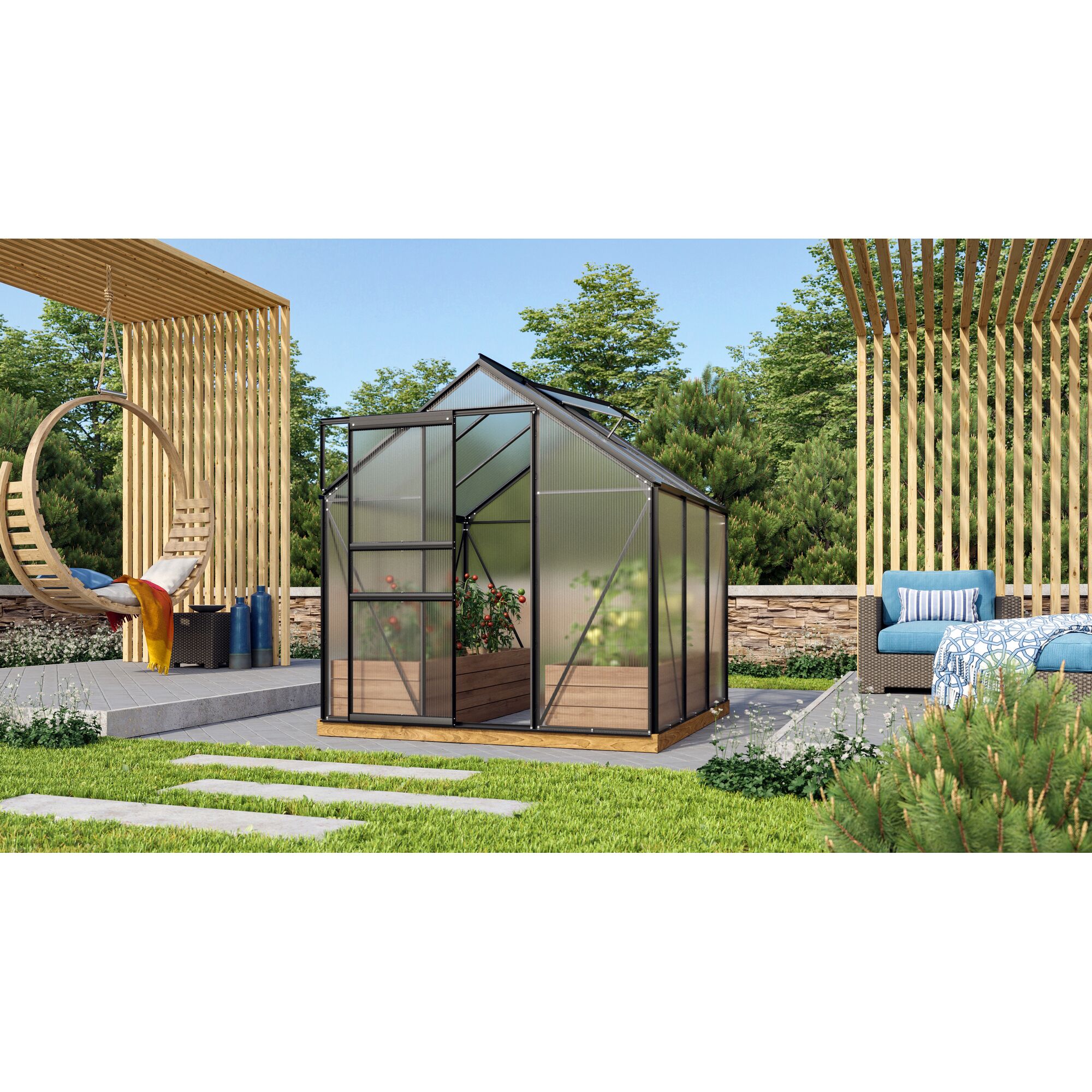 Gewächshaus im Garten mit hochgeklapptem Dachfenster