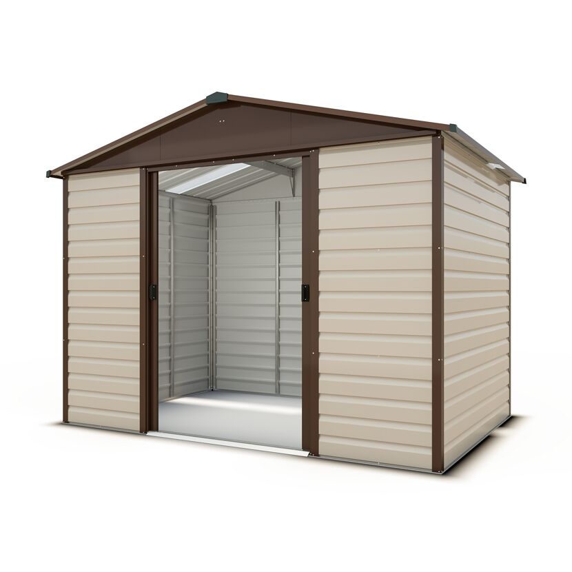 Gerätehaus beige mit braunem Dach und geöffneter Tür