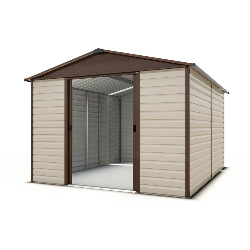 Gerätehaus beige-braun mit geöffneten Türen