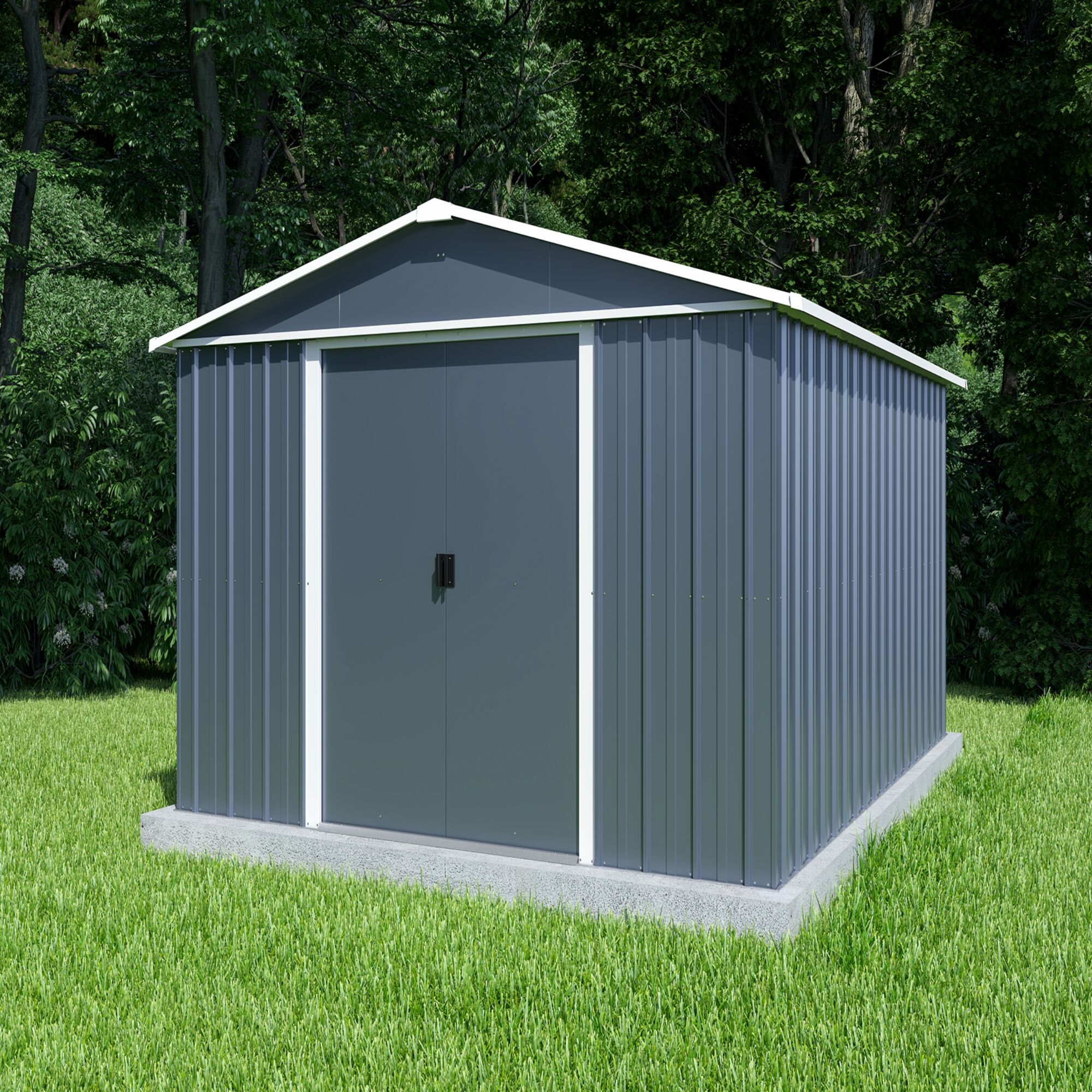 Graues Metall-Gerätehaus im Garten