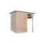 Gartenhaus aus Holz mit Schrank und Dach.