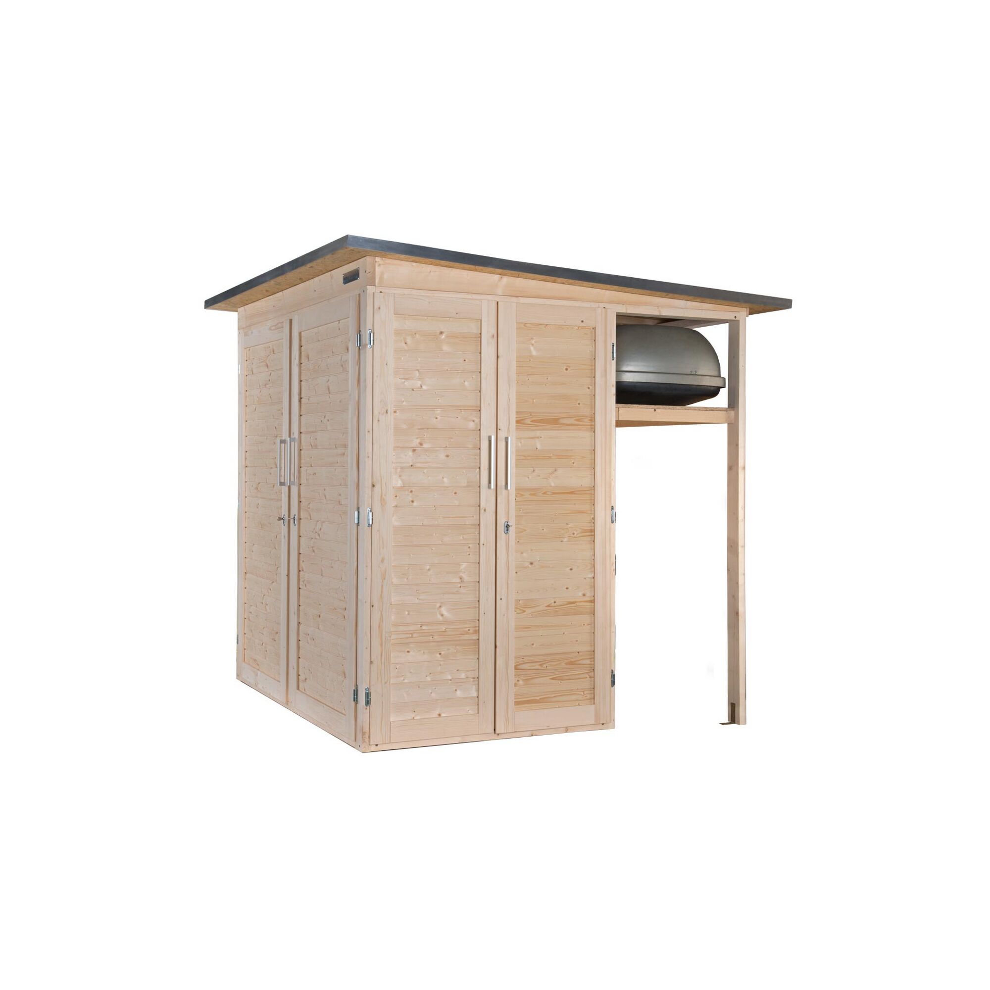 Gartenhaus aus Holz mit Schrank und Dach.