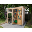 Offener Gartenschrank mit Gartengeräten und Fahrrad