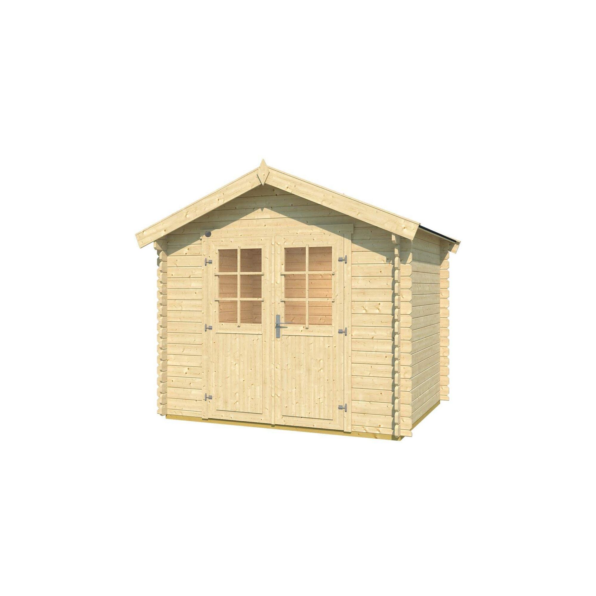 Gartenhaus aus Holz mit Doppeltür und Fenstern.