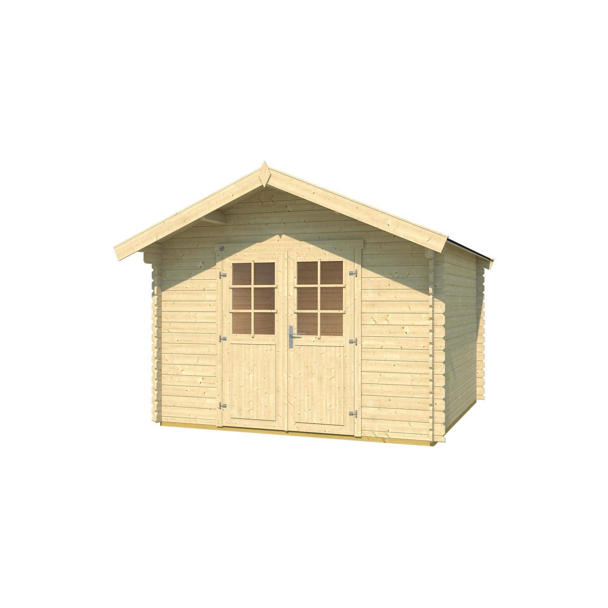 Gartenhaus aus hellem Holz mit Doppeltür und Fenstern.