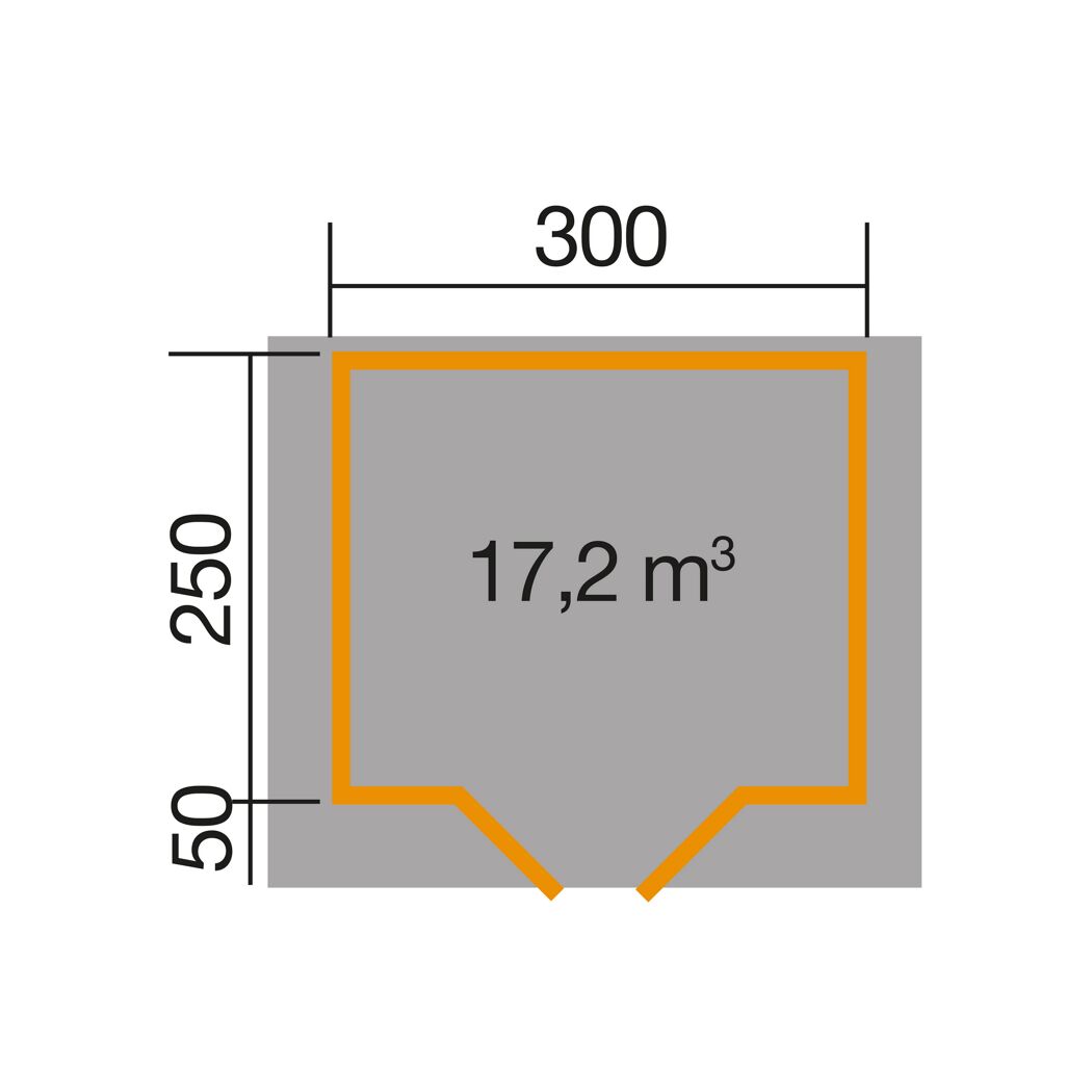 Schemazeichnung Gartenhaus 209 mit Maßen und Volumenangabe