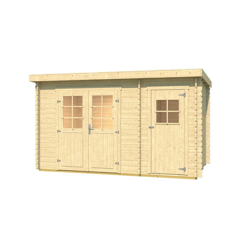 Gartenhaus aus hellem Holz mit Doppeltür und Nebeneingang.
